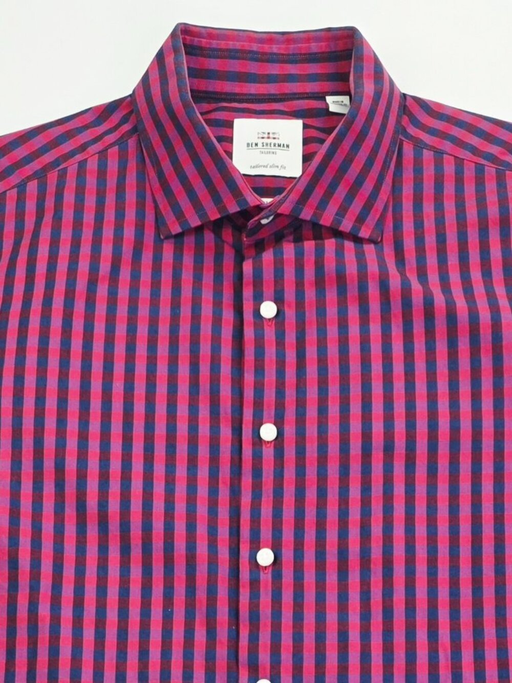 Ben Sherman Tailored Slim Fit Red Black Navy Check Mens 17.5 34-35 Spread Collar